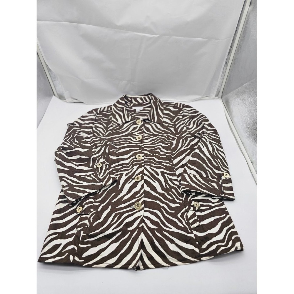 Charter Club Womens Blazer Jacket Brown White Print  Goldtone Button Size XL